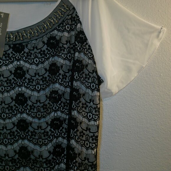 NY Collection Women Plus Size 1x Black White Mesh Lace Top Shirt Blouse - Picture 3 of 9
